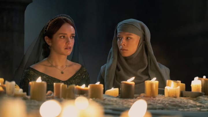 Olivia Cooke as Alicent Hightower and Emma D'Arcy as Rhaenyra Targaryen in House of the Dragon season 2