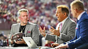 Pat McAfee (left) and Nick Saban have joined the “College GameDay” desk in recent years. 