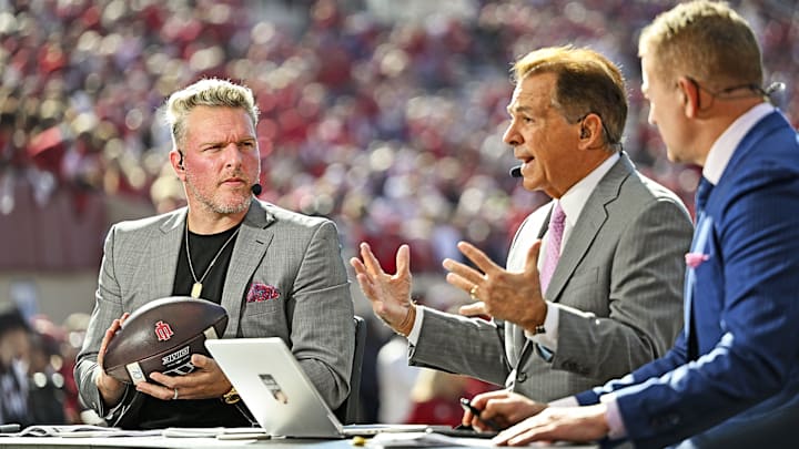 Pat McAfee (left) and Nick Saban have joined the “College GameDay” desk in recent years. 
