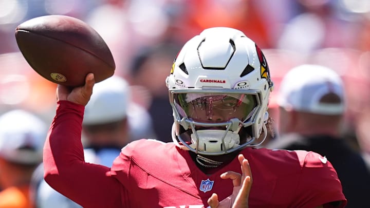 Aug 25, 2024; Denver, Colorado, USA; Arizona Cardinals quarter back Kyler Murray (1) before the game against the Denver Broncos at Empower Field at Mile High. Mandatory Credit: Ron Chenoy-Imagn Images