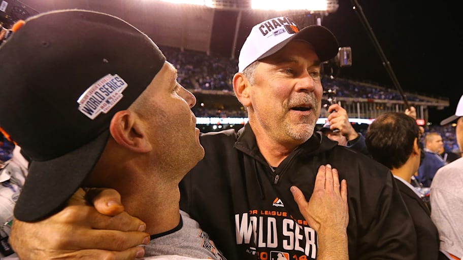 Giants manager Bruce Bochy celebrates winning 2014 World Series.