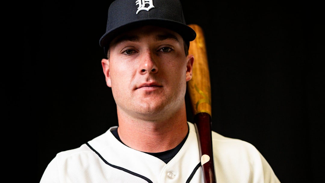 Tigers top prospect Kevin McGonigle on picture day during spring training at TigerTown in Florida
