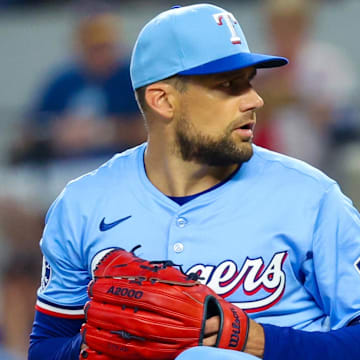 Aug 4, 2024; Arlington, Texas, USA; Texas Rangers starting pitcher Nathan Eovaldi (17) throws during the first inning against the Boston Red Sox at Globe Life Field