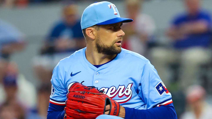 Aug 4, 2024; Arlington, Texas, USA; Texas Rangers starting pitcher Nathan Eovaldi (17) throws during the first inning against the Boston Red Sox at Globe Life Field