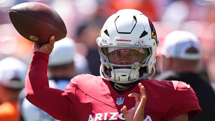 Aug 25, 2024; Denver, Colorado, USA; Arizona Cardinals quarter back Kyler Murray (1) before the game against the Denver Broncos at Empower Field at Mile High. Mandatory Credit: Ron Chenoy-USA TODAY Sports