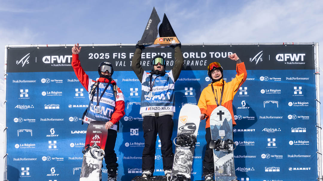Enzo Nilo, Rémi Benamo, and Michael Mawn on the podium for Snowboard Men at Val Thorens Pro