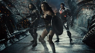 Jason Momoa (Aquaman / Arthur Curry), Gal Gadot (Diana Prince / Wonder Woman), Ray Fisher (Cyborg / Victor Stone) in Zack Snyder's Justice League. Photograph by Courtesy of HBO Max