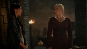 Rhaenyra Targaryen (Emma D'Arcy) and Mysaria (Sonoya Mizuno) in House of the Dragon season 2.