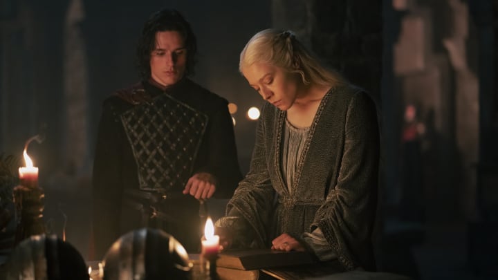 Harry Collett as Jacaerys Velaryon and Emma D'Arcy as Rhaenyra Targaryen in House of the Dragon season 2