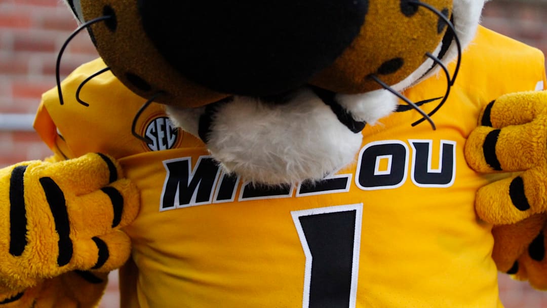 Sept 27, 2025; Columbia, Missouri, USA; Missouri Tigers mascot “Truman” shows off his jersey ahead of a game against UMass at Faurot Field at Memorial Stadium.