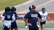 Georgia Southern coach Clay Helton watches the team during the Eagle's first spring practice on Saturday March 25, 2023 at Paulson Stadium.