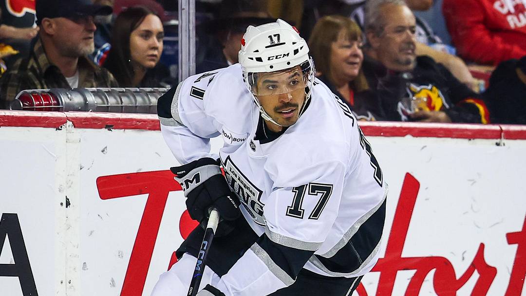 Apr 16, 2026; Calgary, Alberta, CAN; Los Angeles Kings right wing Mathieu Joseph (17) skates with the puck against the Calgary Flames during the first period at Scotiabank Saddledome. Mandatory Credit: Sergei Belski-Imagn Images