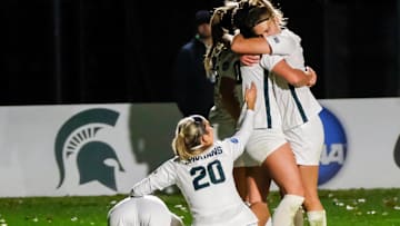 Michigan State's women's soccer team celebrates the game winning goal in double overtime against Milwaukee Friday, Nov. 11, 2022 in the 1st round of the NCAA Championships.

Ncaa Michigan State Womens Soccer 1