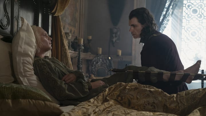 Tom Glynn-Carney as Aegon Targaryen and Matthew Needham as Larys Strong in House of the Dragon season 2 episode 8