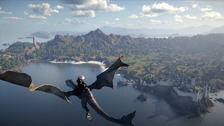 Crimson Desert screenshot of the protagonist riding a dragon.
