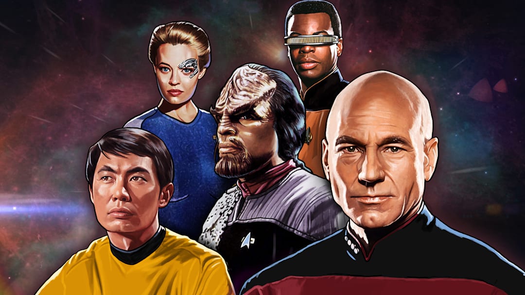 Starfleet uniforms from several eras of Star Trek history.