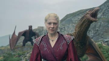 Rhaenyra Targaryen (Emma D'Arcy) with Syrax and Vermithor.