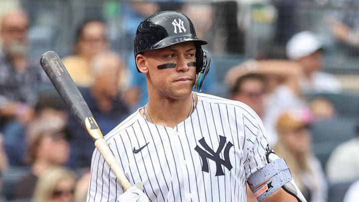 Sep 27, 2025; Bronx, New York, USA; New York Yankees right fielder Aaron Judge (99) at Yankee Stadium. Mandatory Credit: Wendell Cruz-Imagn Images Sep 27, 2025; Bronx, New York, USA; New York Yankees right fielder Aaron Judge (99) at Yankee Stadium. Mandatory Credit: Wendell Cruz-Imagn Images