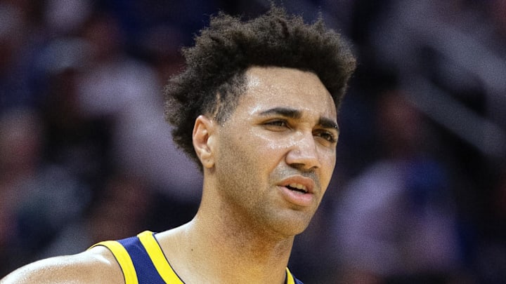 Dec 30, 2023; San Francisco, California, USA; Golden State Warriors forward Trayce Jackson-Davis (32) reacts as he is called for his third personal foul during the second quarter against the Dallas Mavericks at Chase Center. Mandatory Credit: D. Ross Cameron-Imagn Images
