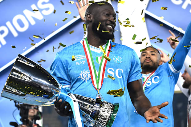 Romelu Lukaku celebrating Napoli's latest trophy.