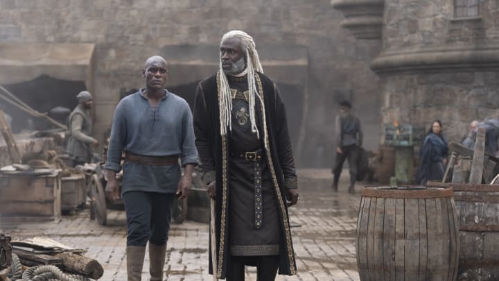 Alyn of Hull (Abubakar Salim) and Corlys Velaryon (Steve Toussaint) in House of the Dragon season 2.