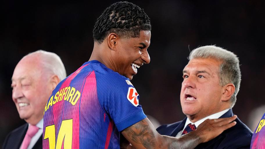 Marcus Rashford and Barcelona president Joan Laporta.
