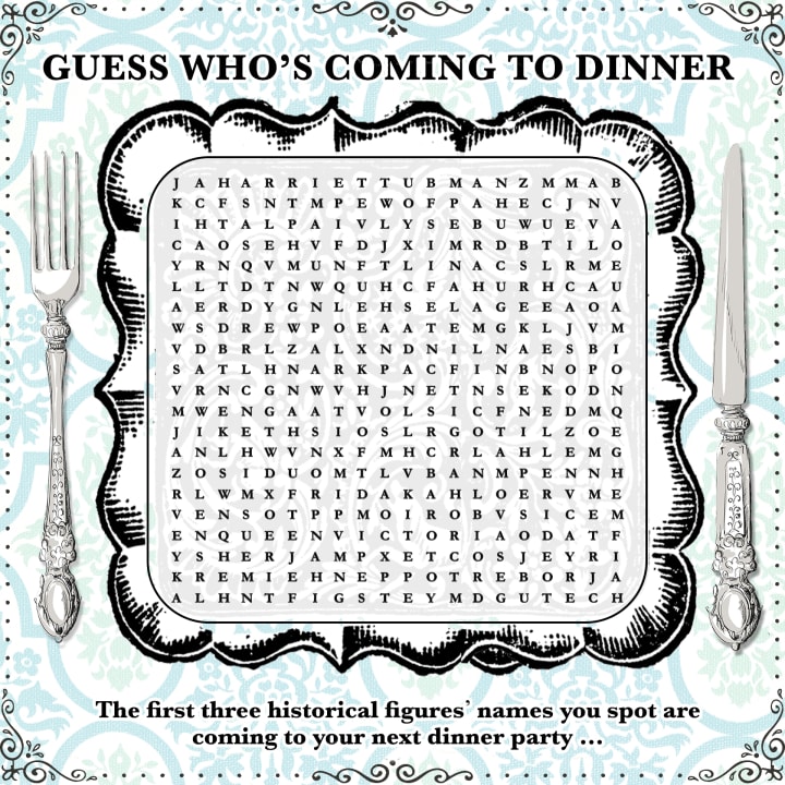 word search on a dinner place setting with 12 historical figures' names hidden in it