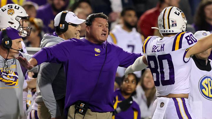 Nov 27, 2021; Baton Rouge, Louisiana, USA;  LSU Tigers head coach Ed Orgeron reacts after a play against the Texas A&M Aggies during the first half at Tiger Stadium. Mandatory Credit: Stephen Lew-Imagn Images