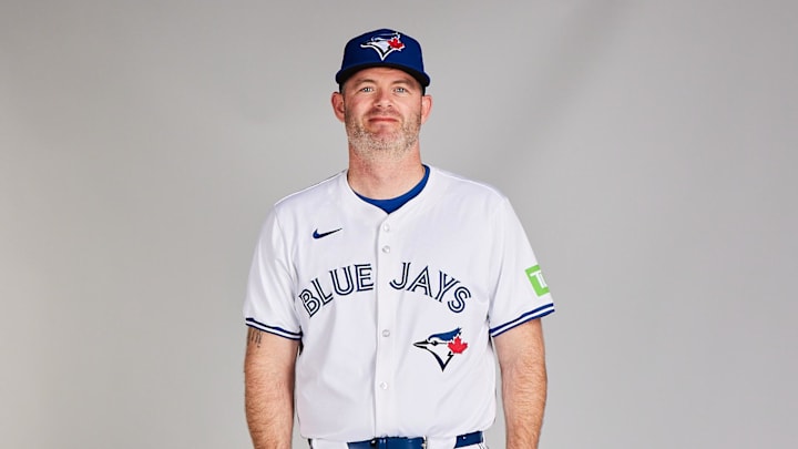 Feb 23, 2024; Dunedin, FL, USA; Toronto Blue Jays assistant hitting coach Matt Hague poses during Photo Day at TD Ballpark. Mandatory Credit: Aaron Cobb/Toronto Blue Jays via Imagn Images