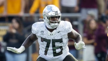 Nov 18, 2023; Tempe, Arizona, USA; Oregon Ducks offensive lineman Josh Conerly Jr. (76).