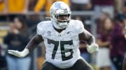 Nov 18, 2023; Tempe, Arizona, USA; Oregon Ducks offensive lineman Josh Conerly Jr. (76) against the Arizona State Sun Devils at Mountain America Stadium. Mandatory Credit: Mark J. Rebilas-USA TODAY Sports