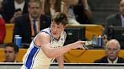 Apr 5, 2025; San Antonio, TX, USA; Duke Blue Devils guard Kon Knueppel (7) reacts after a play against the Houston Cougars during the first half in the semifinals of the men's Final Four of the 2025 NCAA Tournament at Alamodome. Mandatory Credit: Scott Wachter-Imagn Images
