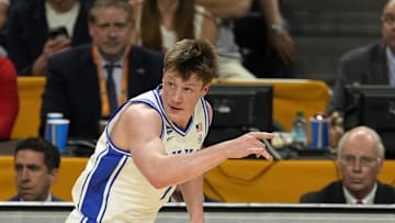 Apr 5, 2025; San Antonio, TX, USA; Duke Blue Devils guard Kon Knueppel (7) reacts after a play against the Houston Cougars during the first half in the semifinals of the men's Final Four of the 2025 NCAA Tournament at Alamodome. Mandatory Credit: Scott Wachter-Imagn Images
