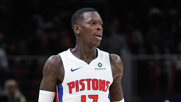 Feb 23, 2025; Atlanta, Georgia, USA; Detroit Pistons guard Dennis Schroder (17) dribbles the ball down the court against the Atlanta Hawks during the first quarter at State Farm Arena. Mandatory Credit: Jordan Godfree-Imagn Images