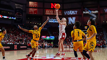 Nebraska guard Britt Prince shoots against Kansas City.
