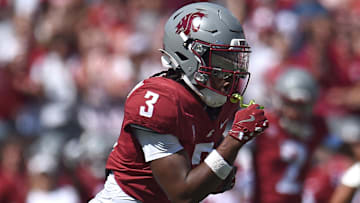 Aug 31, 2024; Pullman, Washington, USA; Washington State Cougars wide receiver Tre Shackelford (3) carries the ball for a touchdown against the Portland State Vikings in the first half at Gesa Field at Martin Stadium
