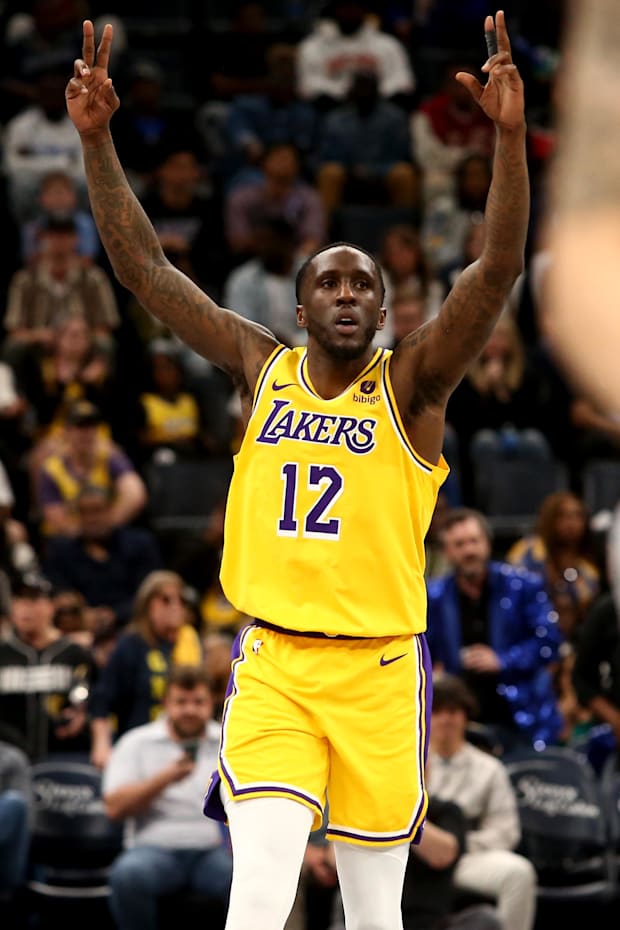 Los Angeles Lakers forward Taurean Prince (12) reacts during a 2023-24 game against the Memphis Grizzlies at FedExForum.