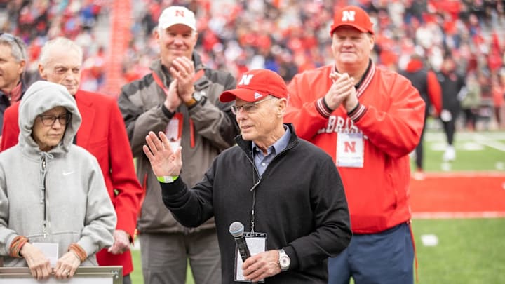 Former Nebraska football player and coach Frank Solich was honored at the 2023 Red-White Spring Game.