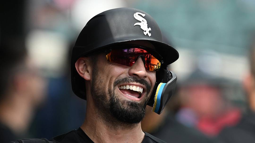 Aug 16, 2026; Detroit, Michigan, USA; Chicago White Sox designated hitter Randal Grichuk (34) celebrates in the dugout after scoring a run against the Detroit Tigers in the seventh inning at Comerica Park. Horwedel-Imagn Images