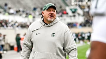 Michigan State offensive line coach Jim Michalczik works with players during the Spring Showcase on Saturday, April 20, 2024, at Spartan Stadium in East Lansing.