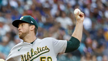 Athletics starting pitcher Jeffrey Springs (59) throws against the Seattle Mariners during the first inning at T-Mobile Park on Aug. 23. 