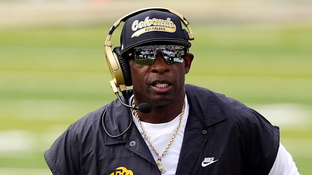 Aug 29, 2025; Boulder, Colorado, USA; Colorado Buffaloes head coach Deion Sanders during the first quarter against the Georgia Tech Yellow Jackets at Folsom Field. Aug 29, 2025; Boulder, Colorado, USA; Colorado Buffaloes head coach Deion Sanders during the first quarter against the Georgia Tech Yellow Jackets at Folsom Field.