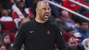 Houston Rockets head coach Ime Udoka reacts during the fourth quarter against the Minnesota Timberwolves at Toyota Center.