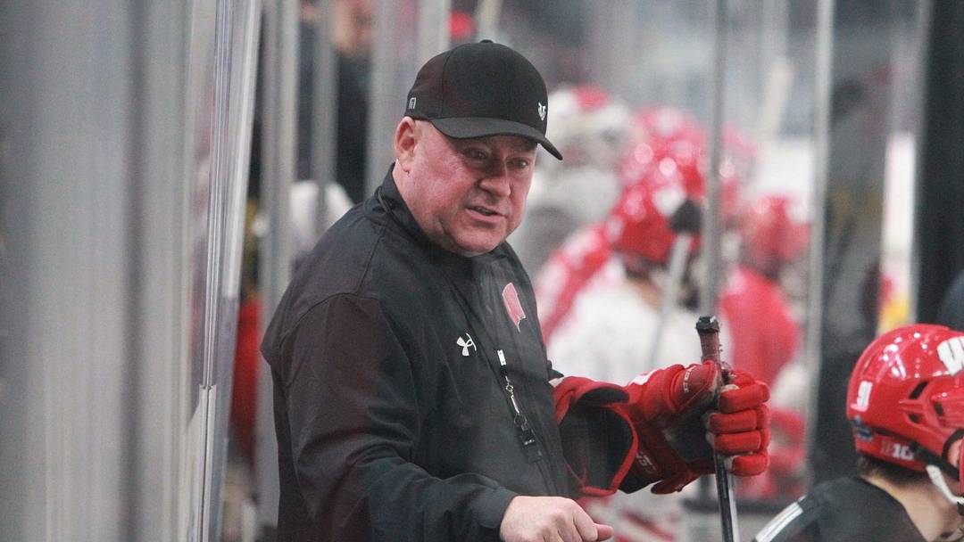 Wisconsin coach Mike Hastings talks to one of his players during practice for the Frozen Four at T-Mobile Arena in Las Vegas, Nevada on Wednesday April 8, 2026. Wisconsin coach Mike Hastings talks to one of his players during practice for the Frozen Four at T-Mobile Arena in Las Vegas, Nevada on Wednesday April 8, 2026.