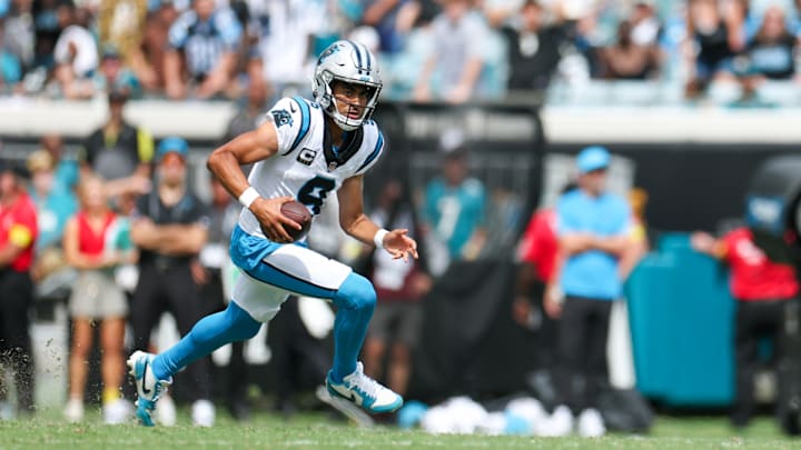 Sep 7, 2025; Jacksonville, Florida, USA; Carolina Panthers quarterback Bryce Young (9) carries the ball against the Jacksonville Jaguars during the first half at EverBank Stadium. Sep 7, 2025; Jacksonville, Florida, USA; Carolina Panthers quarterback Bryce Young (9) carries the ball against the Jacksonville Jaguars during the first half at EverBank Stadium.