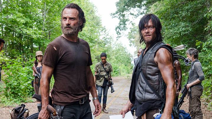 Rosita Espinosa, Andrew Lincoln as Rick Grimes, Sonequa Martin-Green as Sasha, Norman Reedus as Daryl Dixon and Melissa McBride as Carol Peletier in The Walking Dead Season 5, Episode 10 