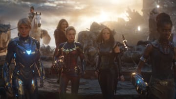 Marvel Studios' AVENGERS: ENDGAME..L to R: Pepper Potts in Rescue Suit (Gwyneth Paltrow), Valkyrie (Tessa Thompson), Scarlet Witch (Elizabeth Olsen), Captain Marvel (Brie Larson), Mantis (Pom Klementieff) and Shuri (Letitia Wright)..Photo: Film Frame..©Marvel Studios 2019