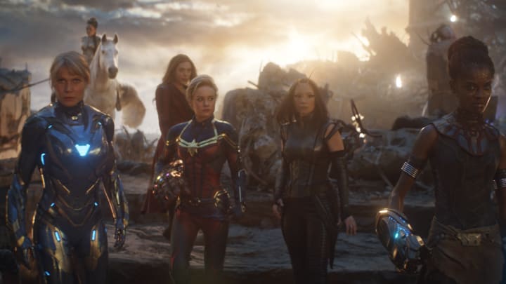 Marvel Studios' AVENGERS: ENDGAME..L to R: Pepper Potts in Rescue Suit (Gwyneth Paltrow), Valkyrie (Tessa Thompson), Scarlet Witch (Elizabeth Olsen), Captain Marvel (Brie Larson), Mantis (Pom Klementieff) and Shuri (Letitia Wright)..Photo: Film Frame..©Marvel Studios 2019