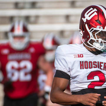 Indiana's Byron Baldwin Jr. (2) at Indiana University football practice on Tuesday, Aug. 5, 2025.
