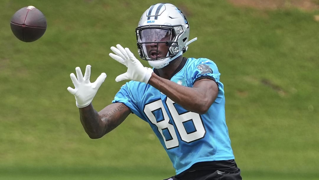 Jun 4, 2024; Charlotte, NC, USA; Carolina Panthers wide receiver Mike Strachan (86) makes a catch during OTAs. Mandatory Credit: Jim Dedmon-Imagn Images